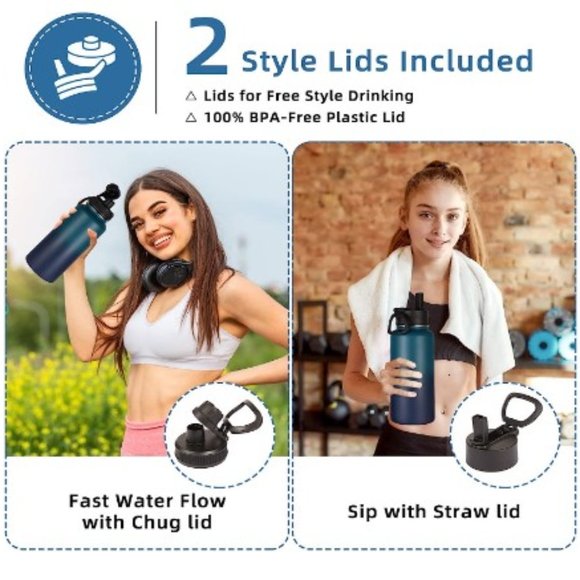 Insulated Stainless Steel Sports Water Bottle - Leak Proof w/ 2 Lids - Picture 3 of 10